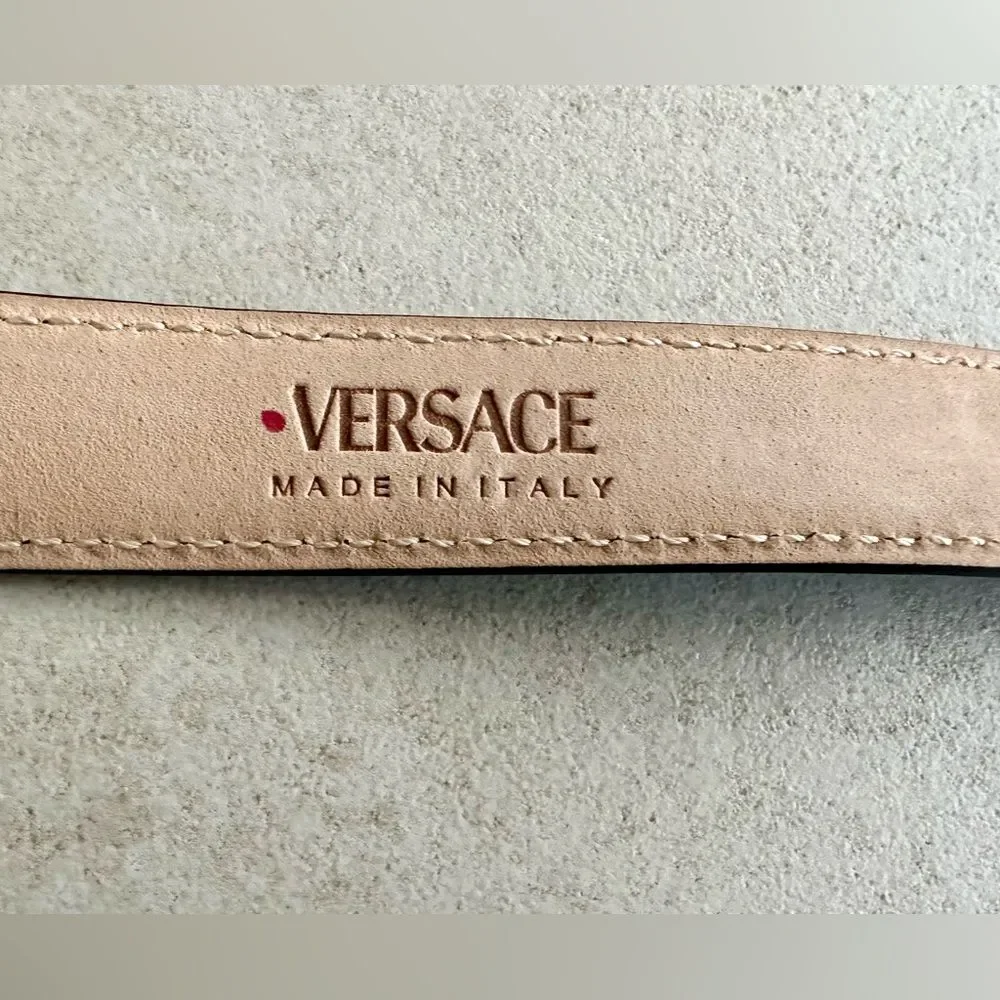 Versace Logo Plaque Crystal Belt Blue Size 90 NWT